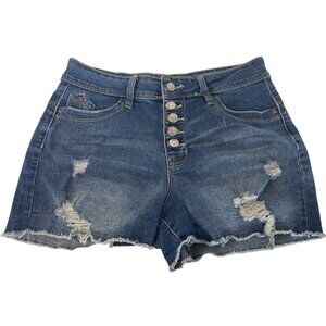 YMI WannaBettaButt High Rise Denim Shorts Frayed Hem Button Fly Closure Sz 7/28
